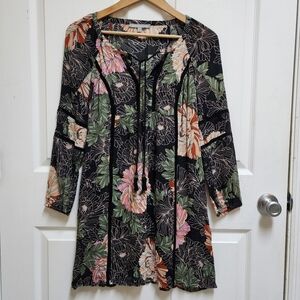 Daniel Rainn Dress S Black Floral Crochet Detail Sheer Tassels Long Sleeve Boho